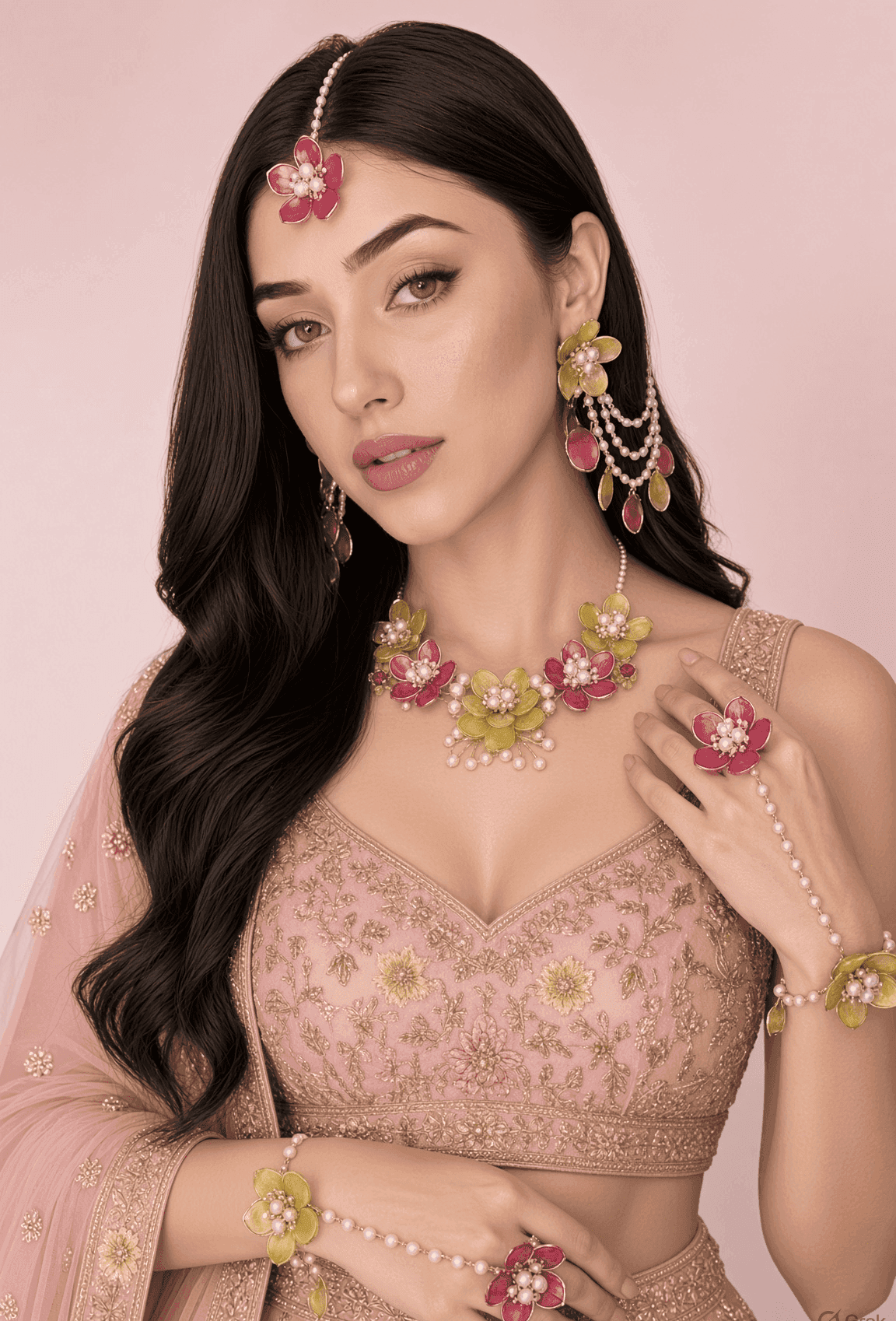 Acrylic Flourishing Floral Bridal Jewelry in Pink & Mehndi Green