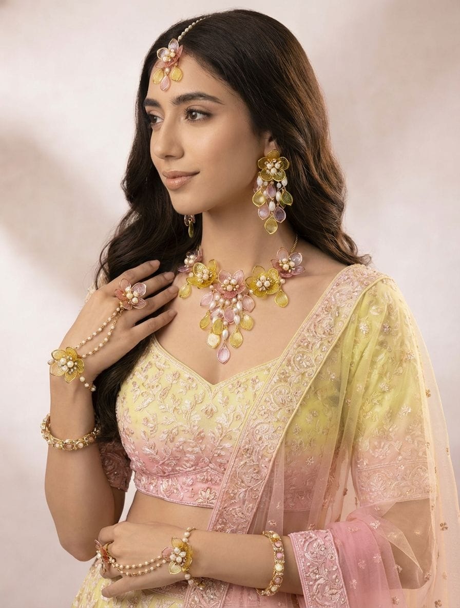 Bridal Haldi-Mehndi Yellow-Pink Acrylic Floral Ornamentation