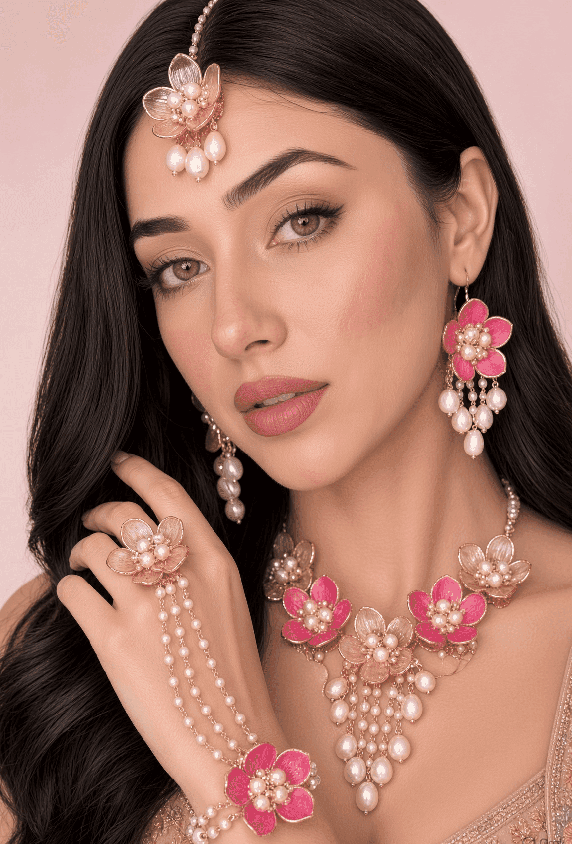 Chic Blossoms: Pink Acrylic Jewelry for Haldi-Mehndi