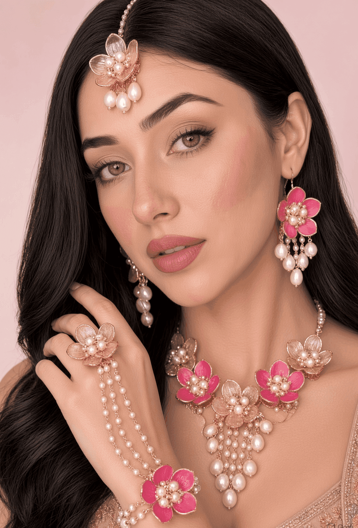 Chic Blossoms: Pink Acrylic Jewelry for Haldi-Mehndi