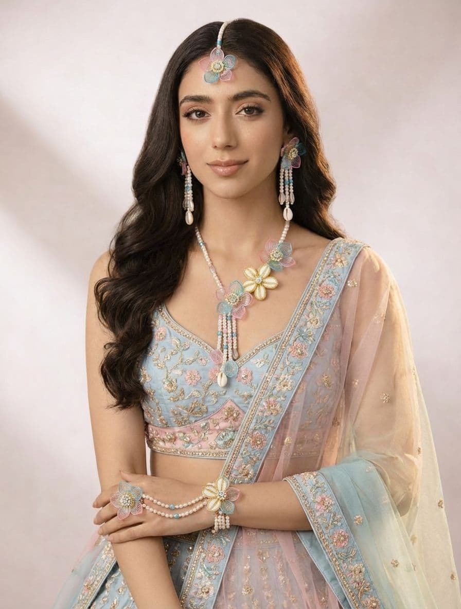 Enchanting Sky-Blue and Light-Pink Handmade Acrylic Bridal Jewellery Set