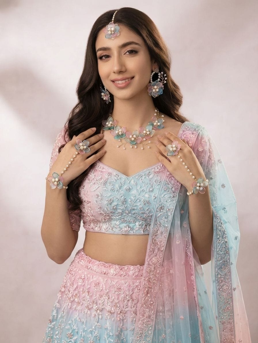 Resplendent Resin & Beaded Floral Jewel Set in Powder Blue & Baby Pink