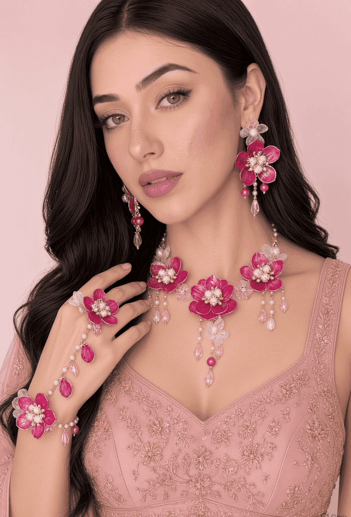 Pink Blossom Bridal Fiesta Resin Jewelry Ensemble with Gold Highlights