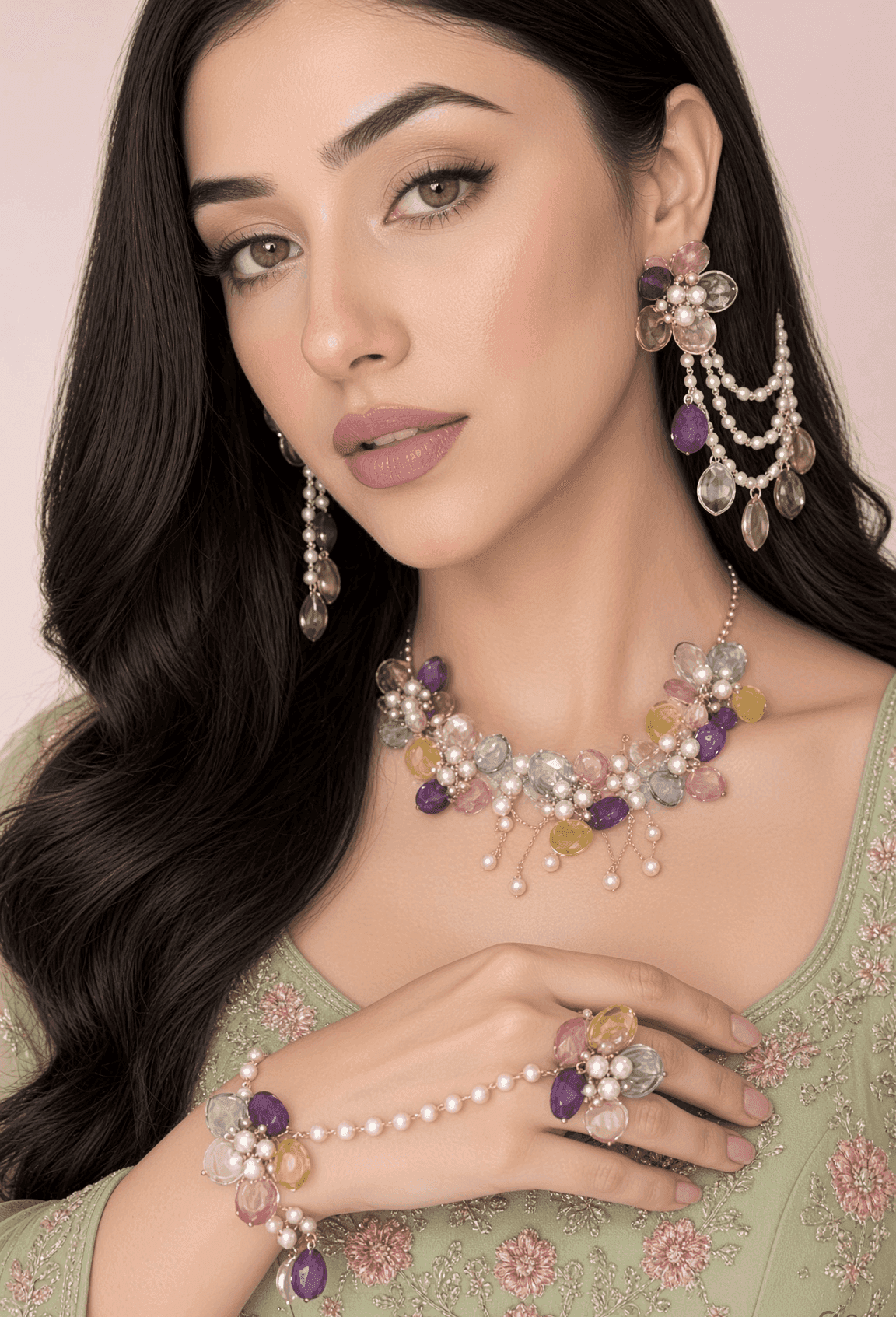 Haldi Wedding Resin-Beaded Floral Jewellery Set in Powder Blue