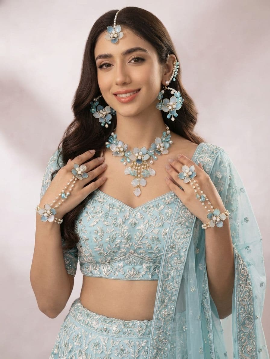 Powder Blue Floral Sea Shell Resin Ensemble for Enchanting Brides