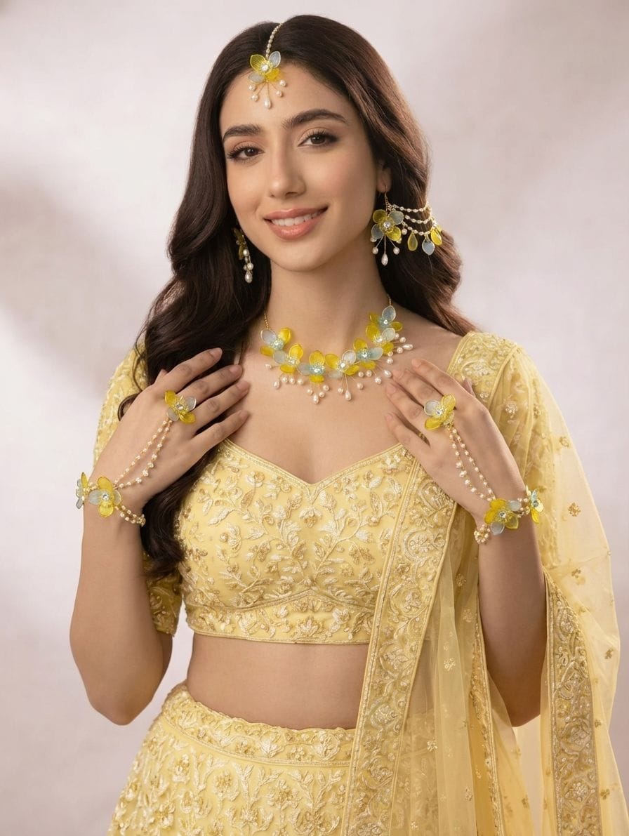 Powder Blue Sky, Floral Sea Shell Bridal Set with Haldi Mehndi Motifs