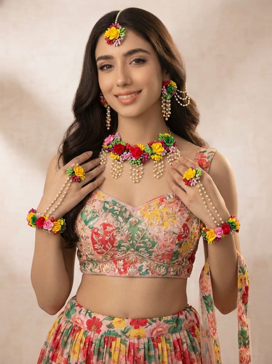 Festive Multicolor Bridal Floral Resin-Based Carnival Jewellery Set for Haldi-Mehndi