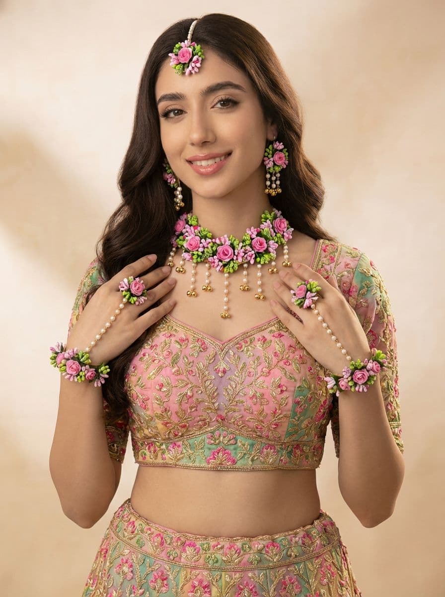 Floral Fantasy Resin Handmade Bridal Set Yellow-Pink Haldi & Mehndi