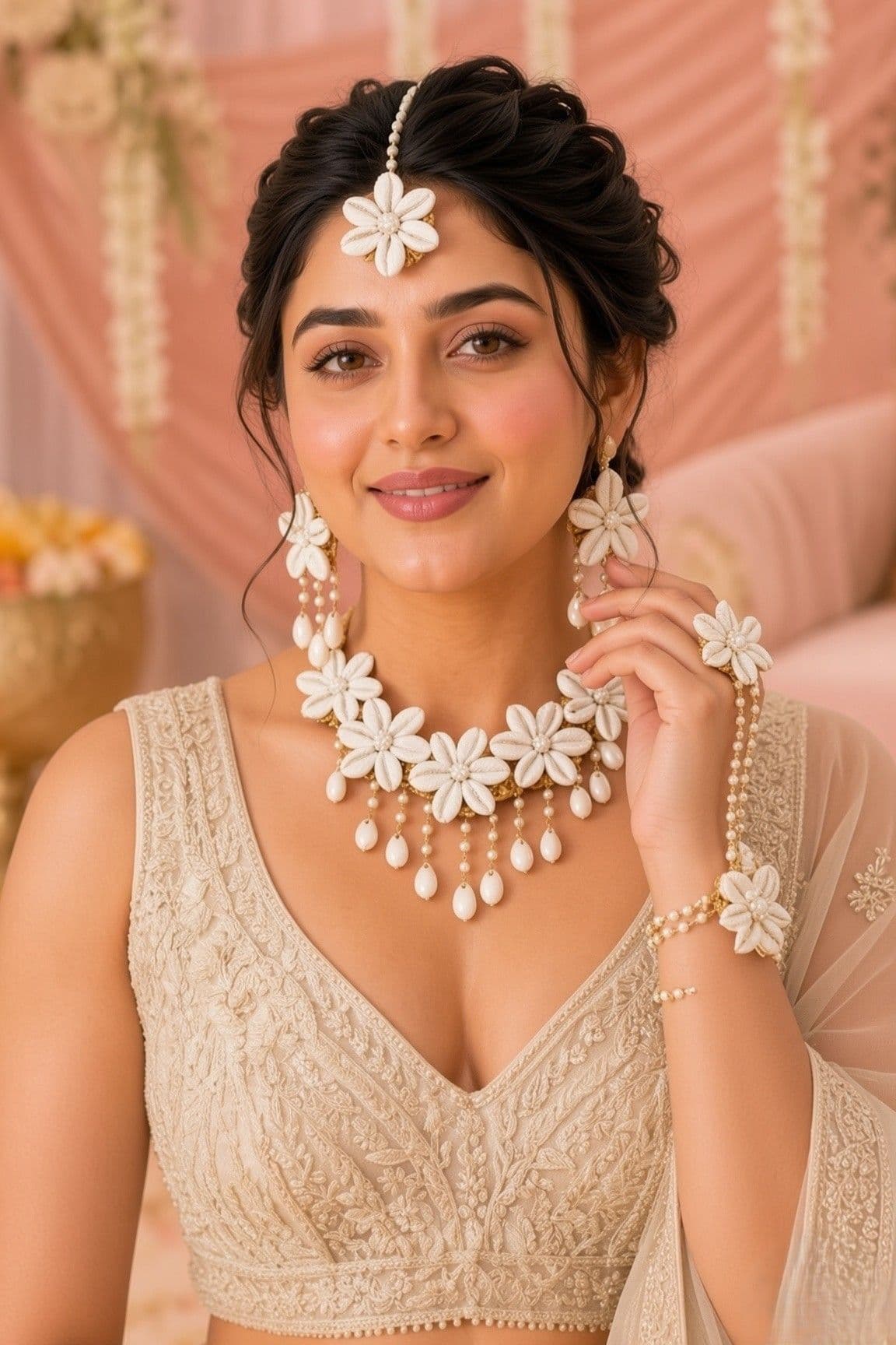 Elegantly Styled Shell Adornments for Bridal Haldi-Mehndi Ceremonies
