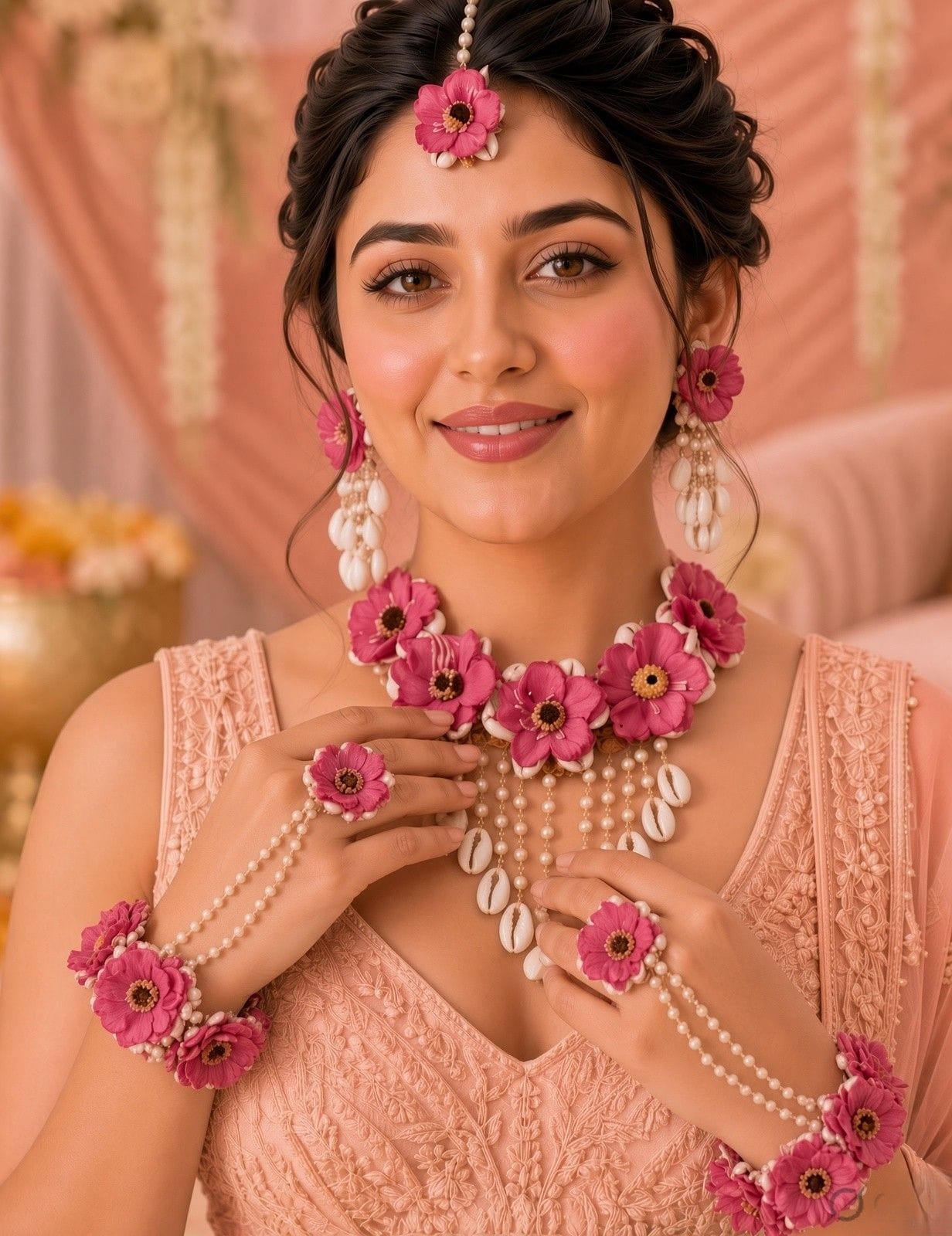 Blossom Blush: Artisanal Cowrie Shell Haldi Bridal Ensemble in Pink