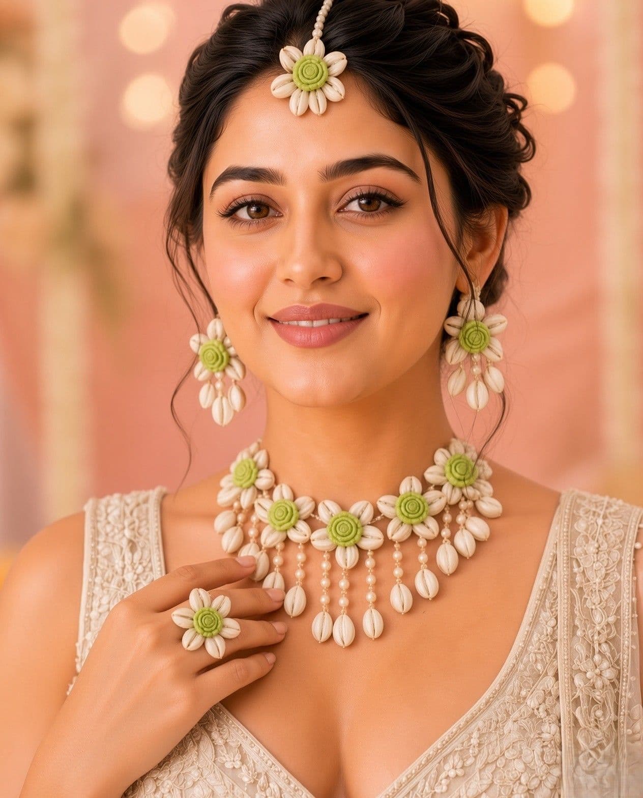 Lime Green Floral Cowrie Shell Beaded Jewellery Set for Bridal Mehendi
