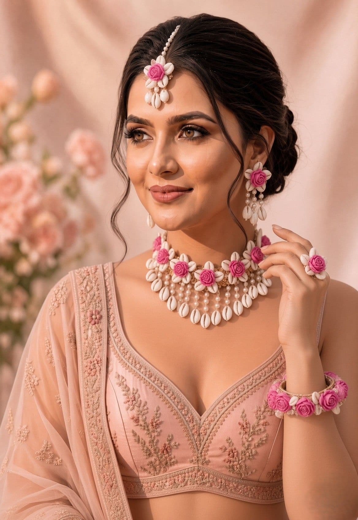 Bride's Adornment: Pink Blossom & Cowrie Shell, Haldi Jewelry Set