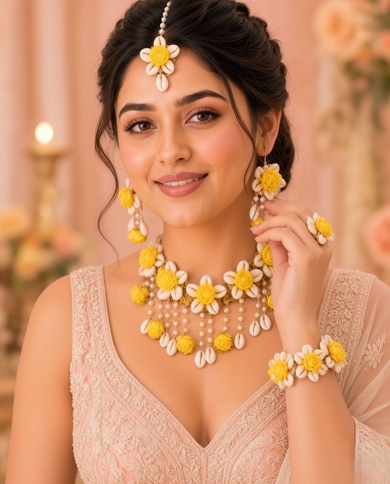 Bridal Bloom: Sunshine Yellow Shell-Made Jewelry for Haldi Celebration