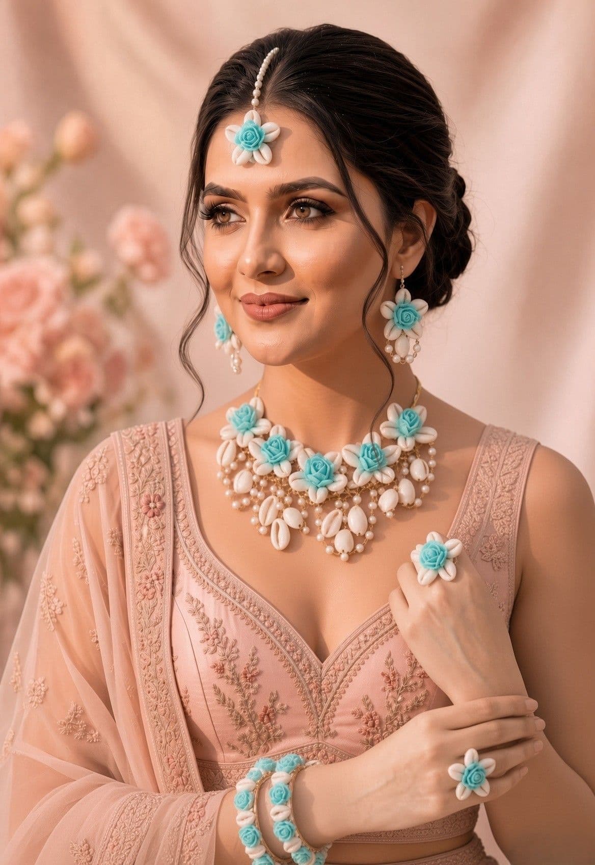 Shell-Crafted Emerald Blossom: A Green Bridal Jewelry Set for Women & Girls