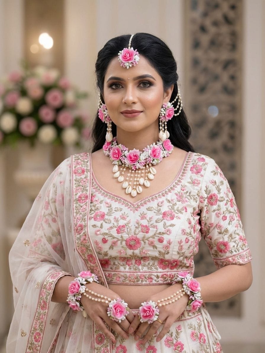 Bridal Bliss: Designer Haldi and Mehndi Pink-White Floral Jewellery Set