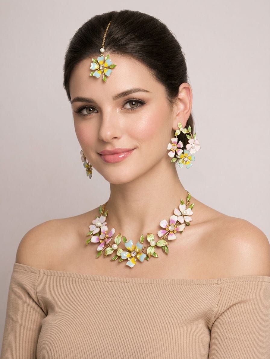 Mellow Pastel Tone Floral Resin & Beaded Jewellery Set w/ Maang Tikka