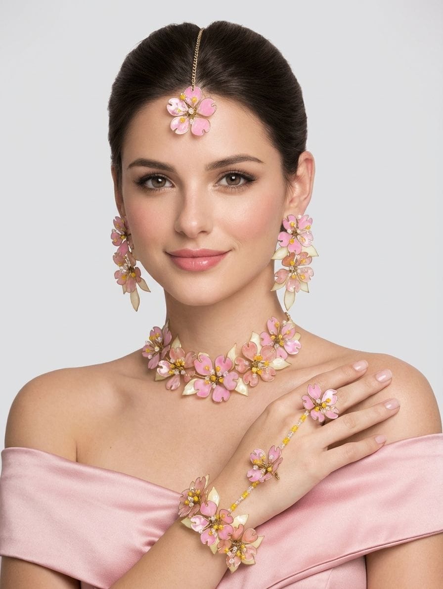 Pink Blossom Haldi Jewelry Set with Exquisite Resin Beads for Ladies
