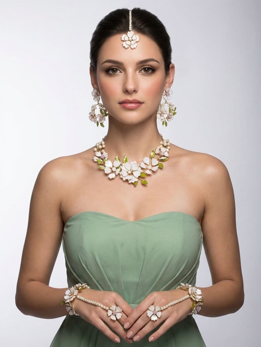 Light Pink Women's Resin Beaded Floral Jewellery Set for Haldi & Essentials