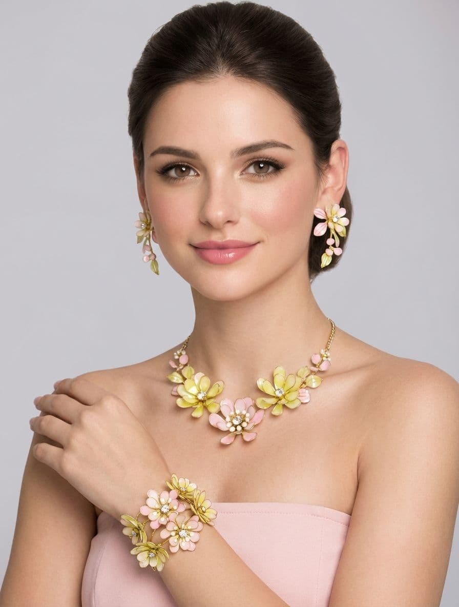 Pink-Yellow Resin Florals: Haldi Jewelry Set with Earrings for Ladies