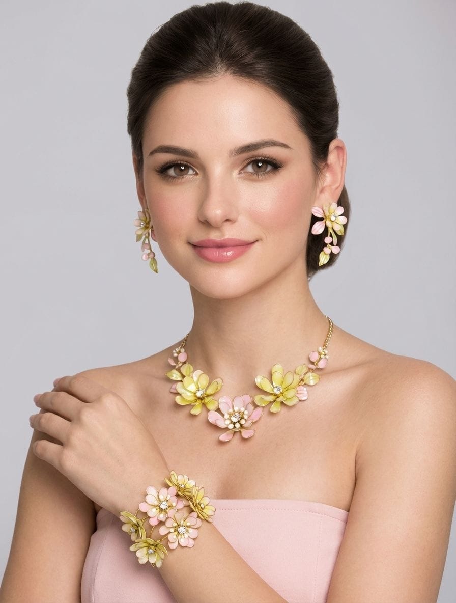 Pink-Yellow Resin Florals: Haldi Jewelry Set with Earrings for Ladies