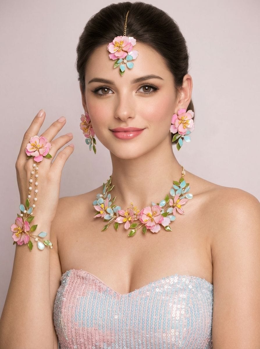 Beaded Blooms Resin Necklace Set in Pastel Shades for Bridal Glamour