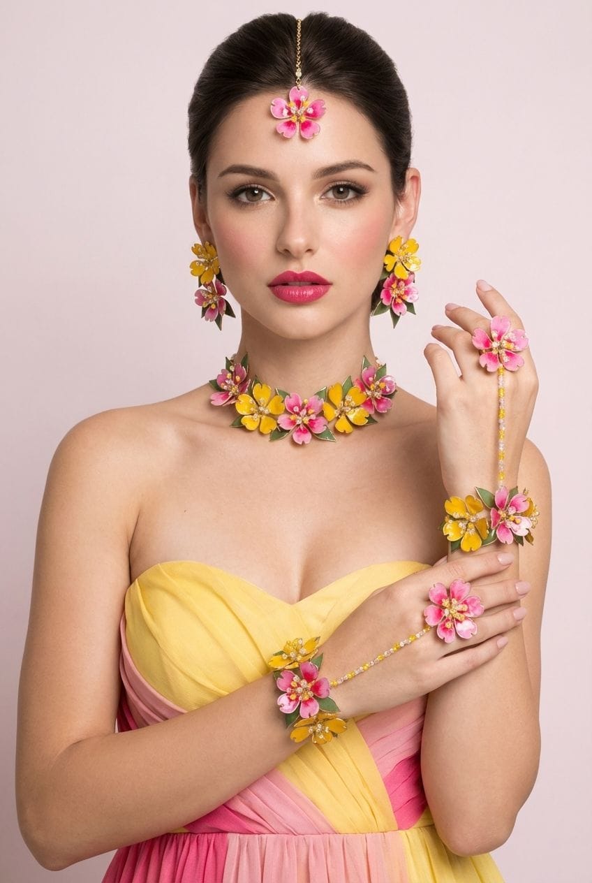 Handcrafted Floral Resin Bridal Set for Haldi & Mehndi - Colorful