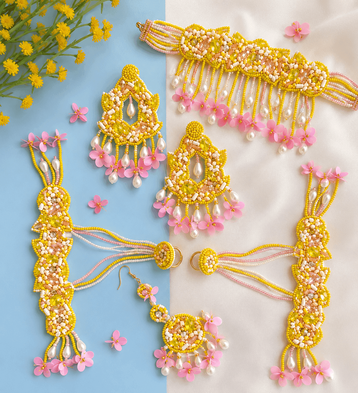 Handcrafted Floral Sky-Blue & Pink Bridal Jewelry for Haldi-Mehndi