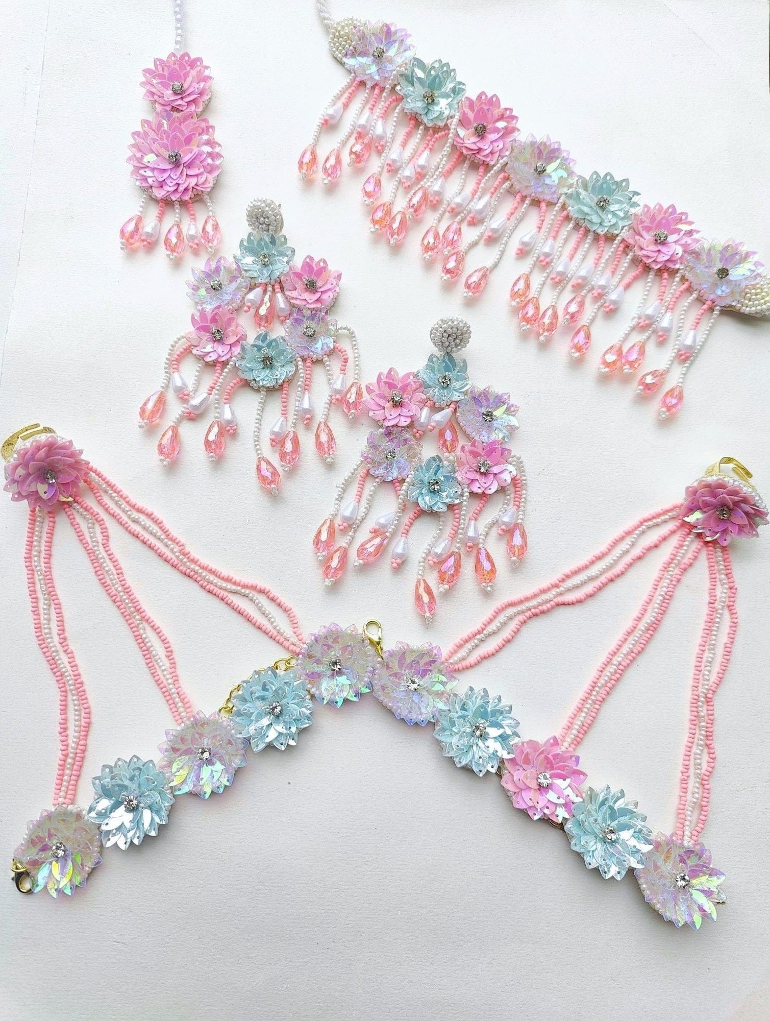 Blossom Glitz - Pastel Pink & Blue Floral Jewellery, Crystal Drops