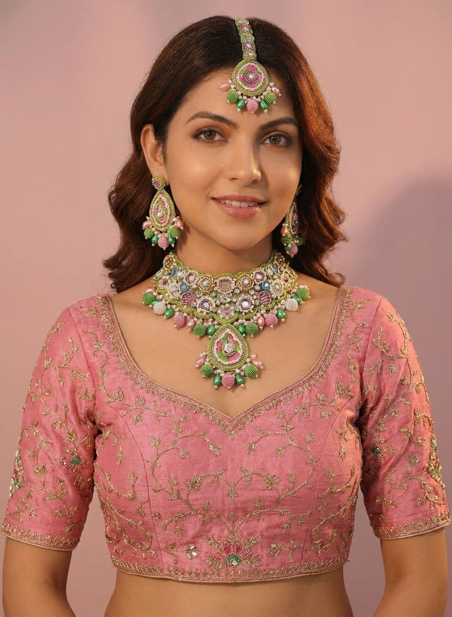 Enchanting Pink Floral Handmade Beaded Jewelry Ensemble for Haldi & Mehndi