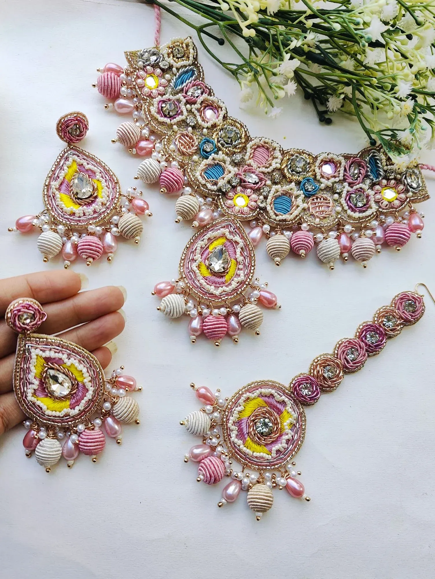 Enchanting Pink Floral Handmade Beaded Jewelry Ensemble for Haldi & Mehndi