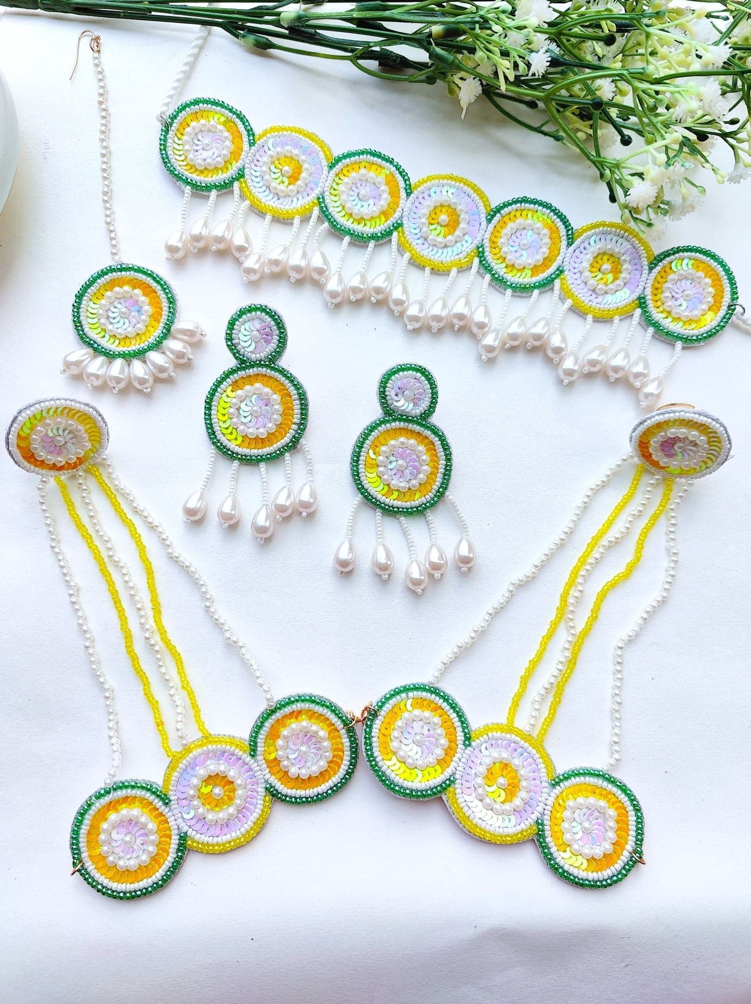 Floral Charm Yellow-Green Beaded Accessory, Handcrafted for Haldi and Mehndi