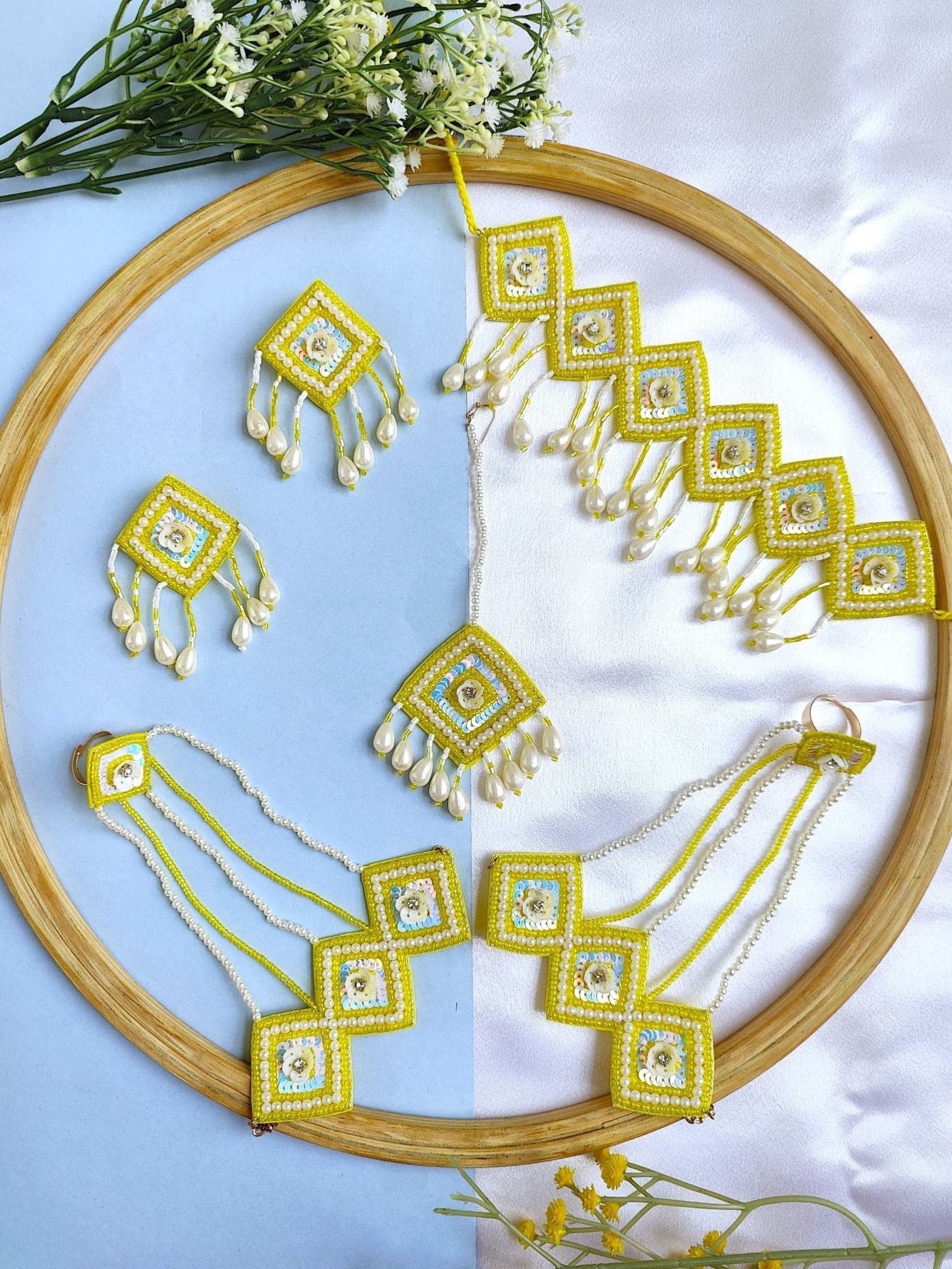 Handcrafted Beads-Art Jewelry Set in Yellow & White