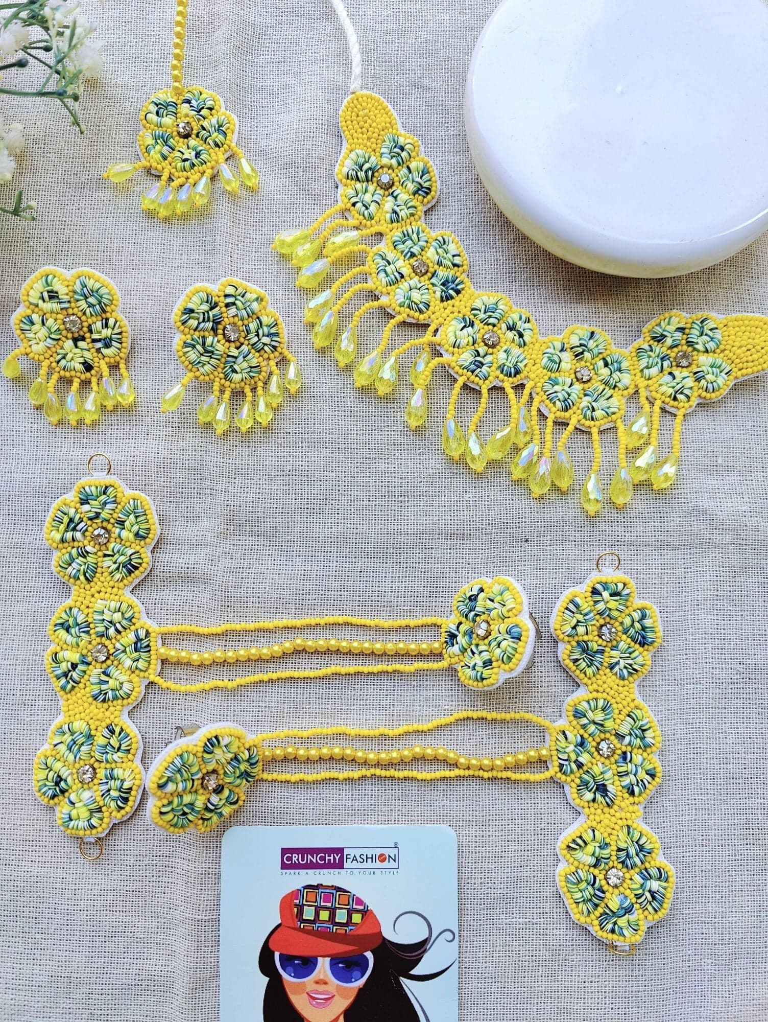 Vibrant Yellow Floral Pearl & Shell Jewelry Set for Special Occasions