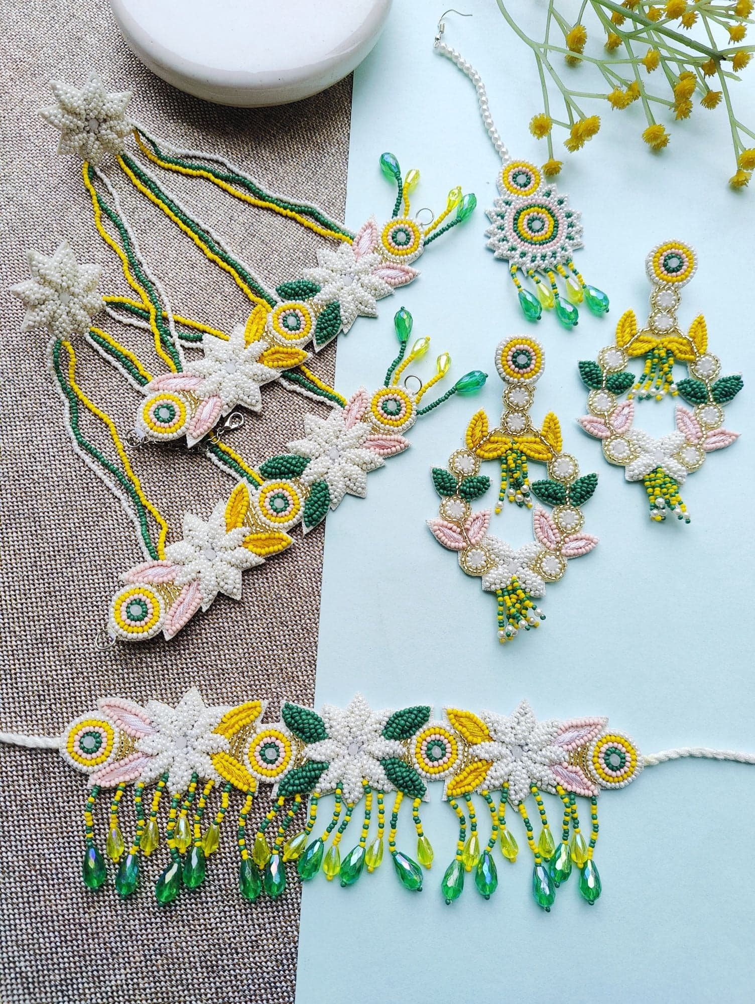 Handcrafted Pearl Haldi Jewelry, White Florals & Green Crystal Accents