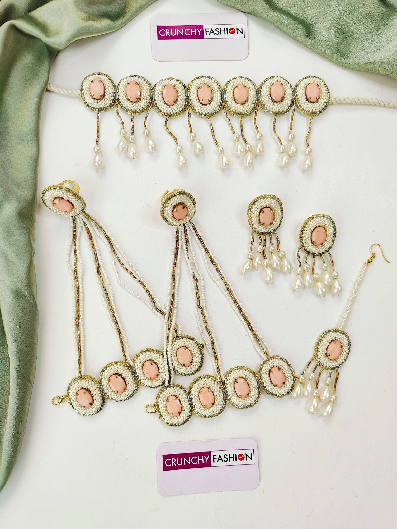 Beaded Bliss: Nitara's Peach Crystal & Pearl Floral Ensemble