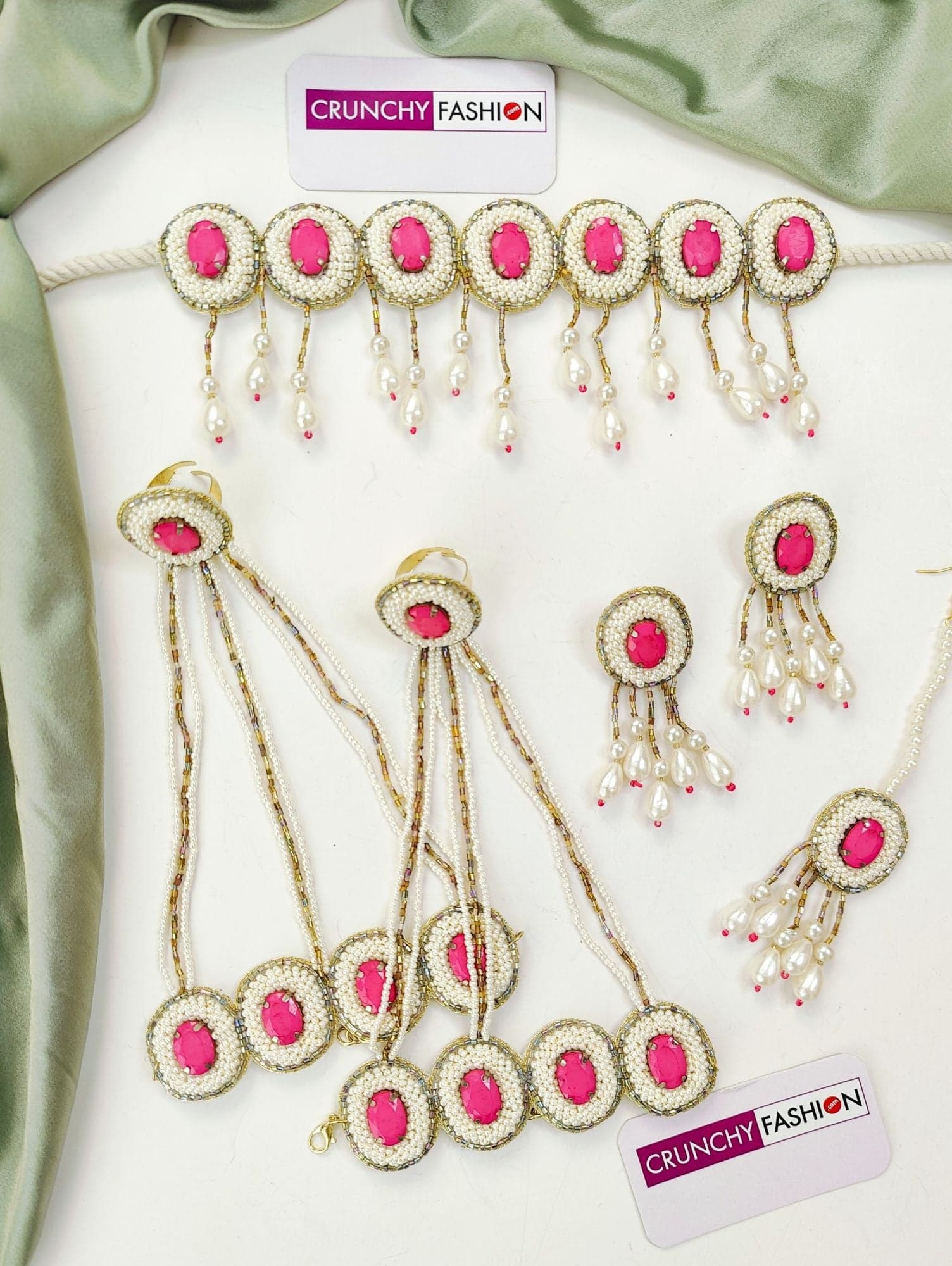 Nitara's Beaded Pink Elegance - Floral Pearl Bridal Set