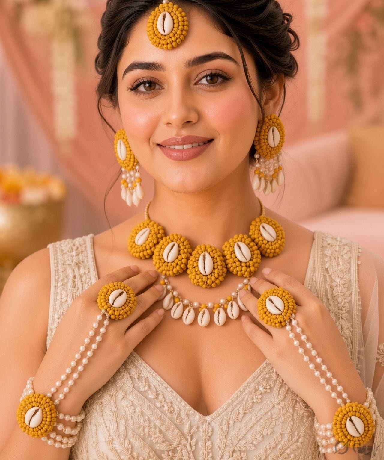 Yellow Pearl and Seashell Elegance: Golden Glory of Haldi-Mehndi