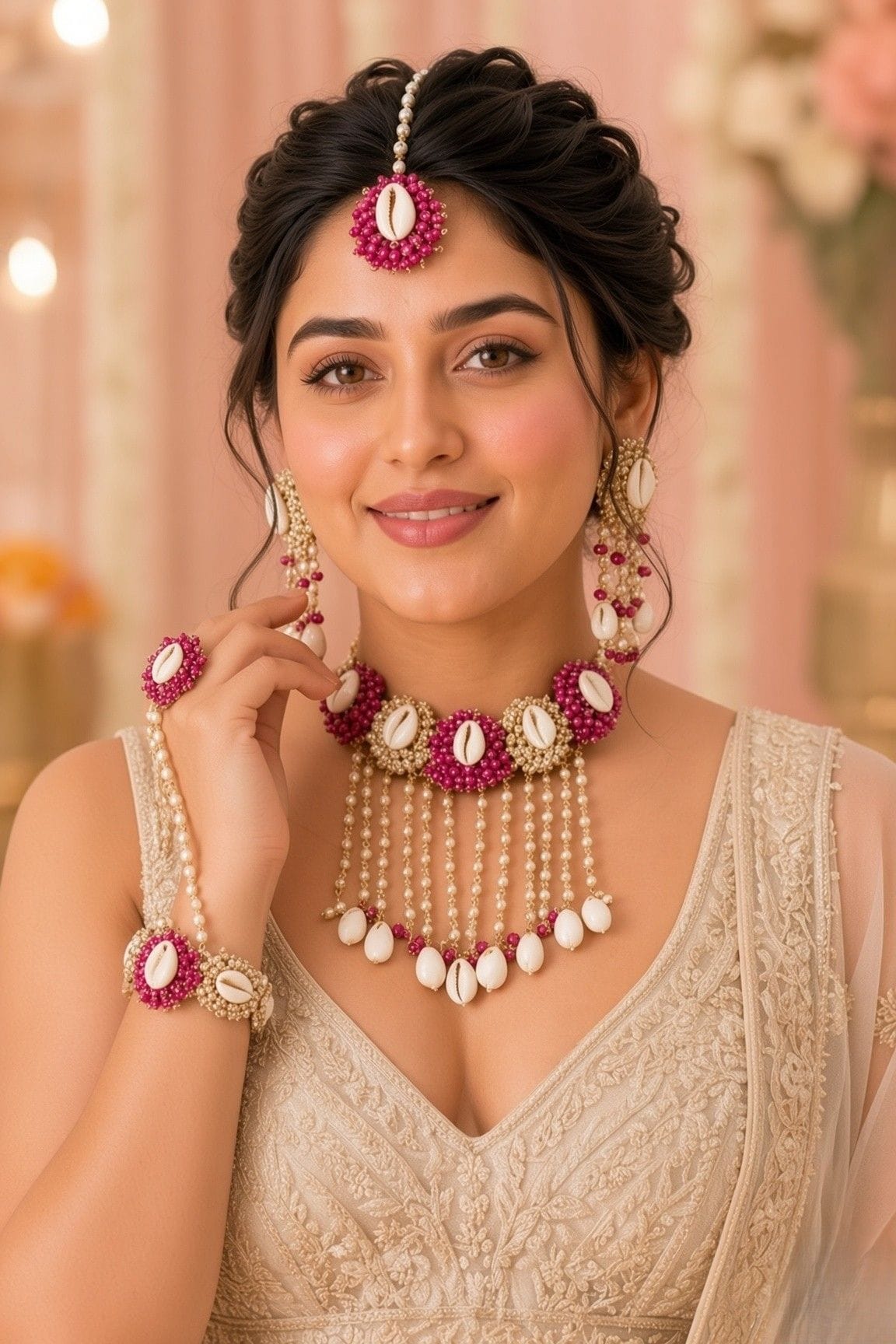 Handcrafted Shell Embellished Pink Jewelry for Haldi-Mehndi Occasions