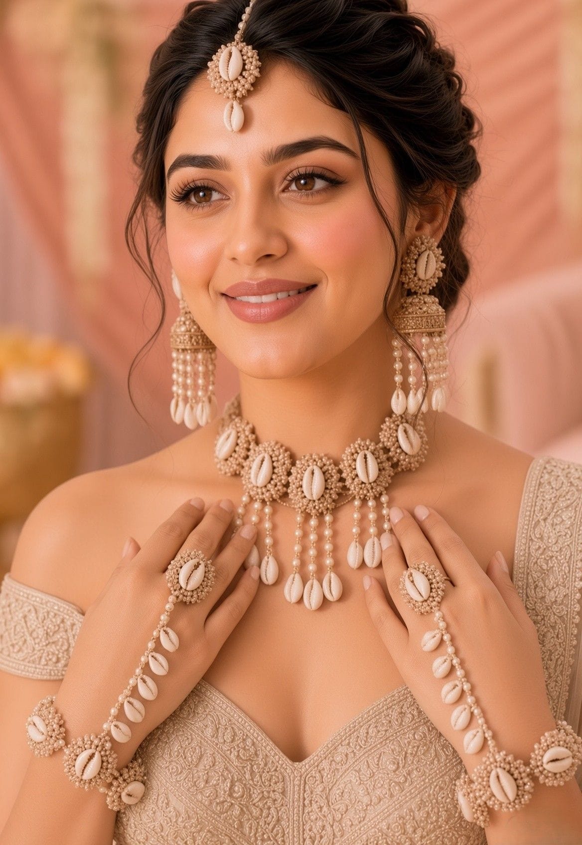 Chic & Festive, Beaded Pearl-Shell Adornment in White Gold