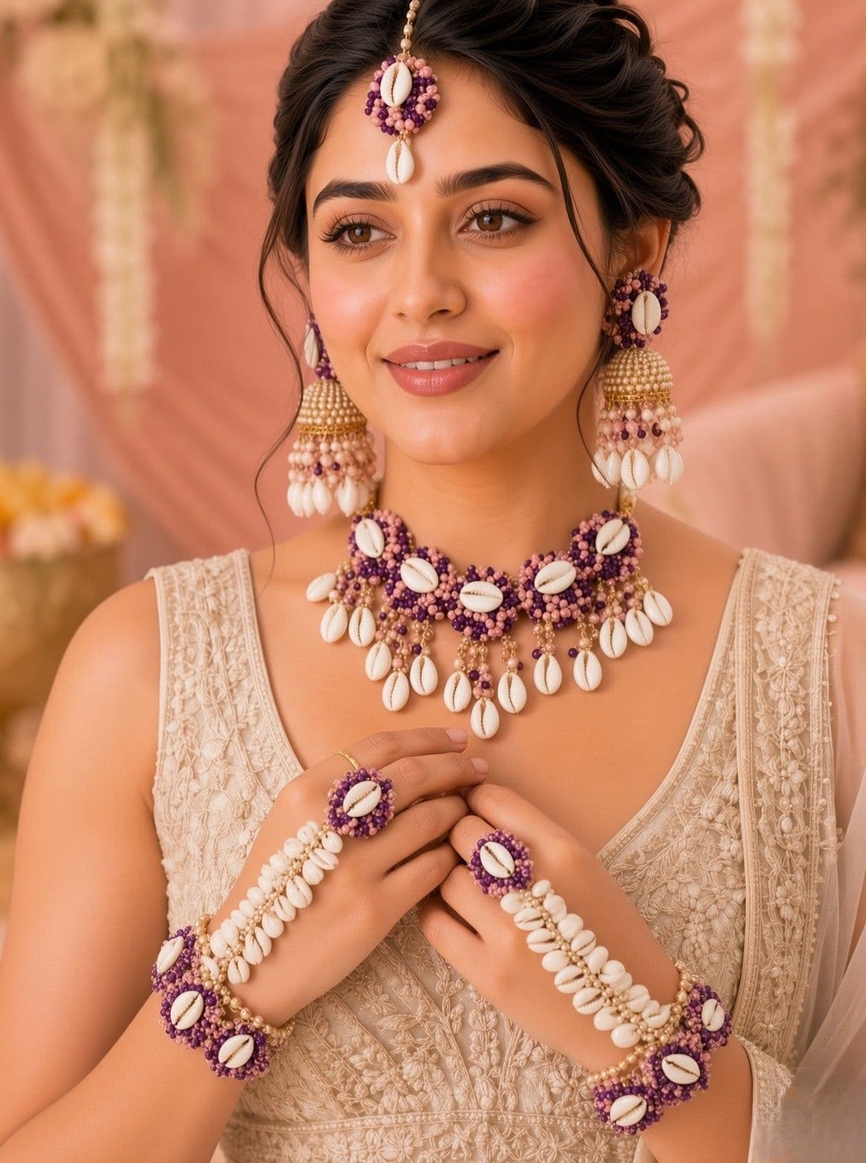 Dazzling Lavender-Pink Sea Shell Floral Jewelry Ensemble