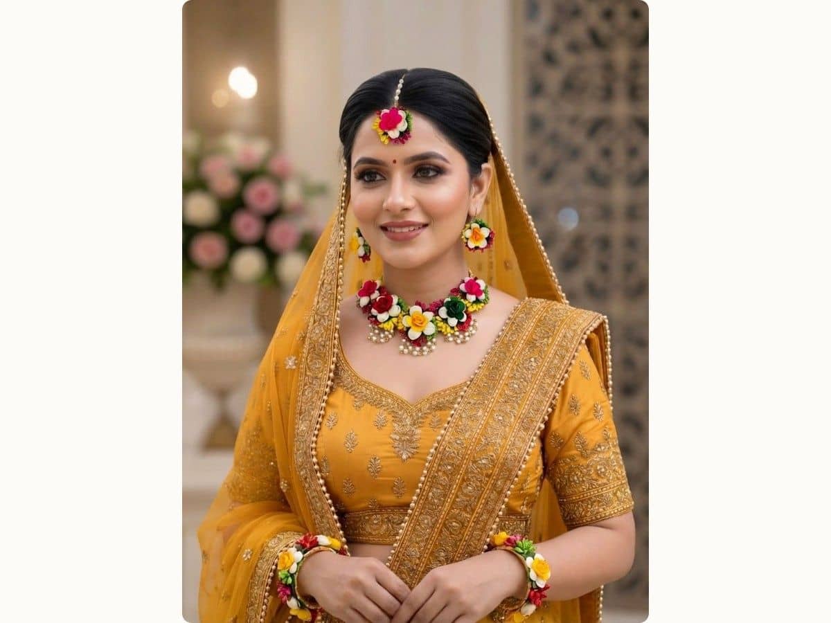 Pink, red, white, yellow and green flowers with pearl clusters on a choker, stud earrings, maang tikka and a bracelet on each wrist, worn with a mustard outfit