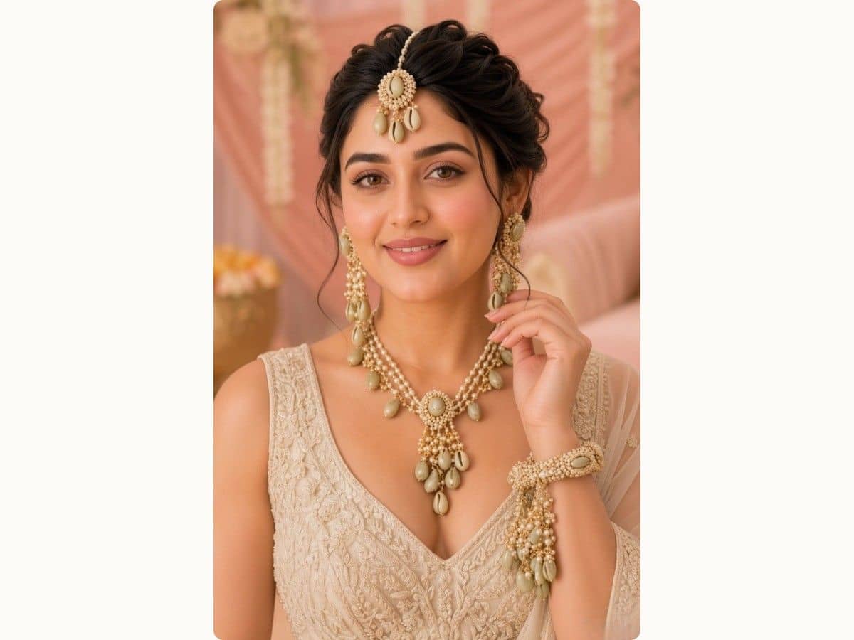 Long drop earrings of sage green cowrie-style shells on cream bead clusters