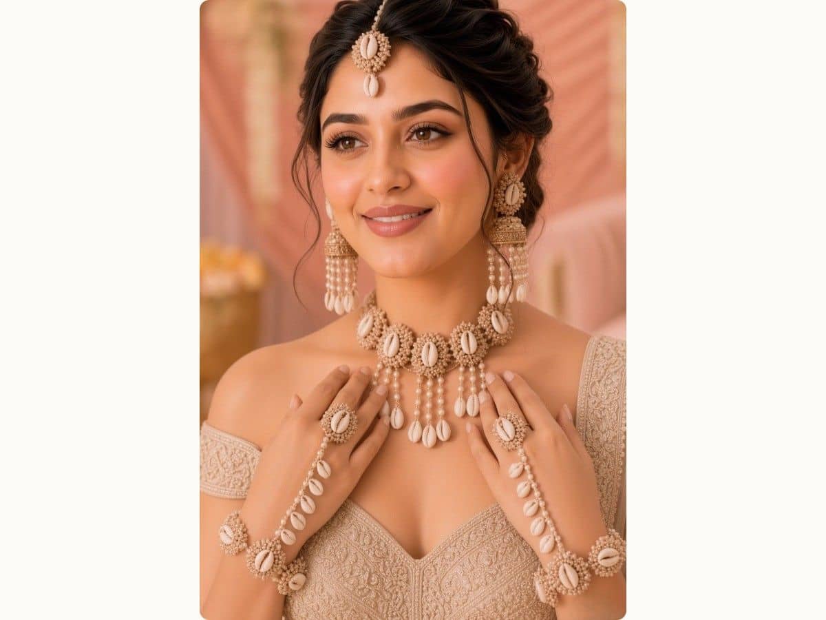 White and gold pearl-shell jhumka earrings worn with matching choker, maang tikka and haathphool