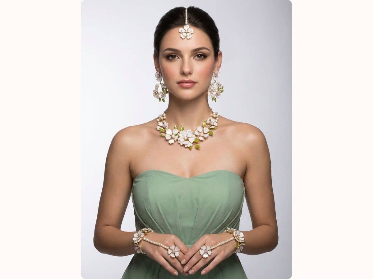 Light pink and white resin-flower haldi jewellery set: maang tikka, earrings, necklace and haathphool