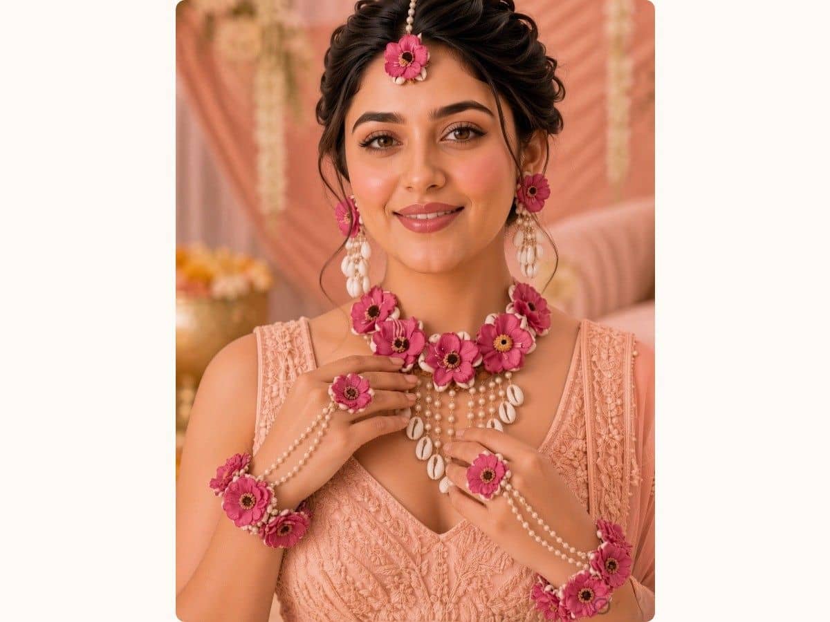 Pink artificial-flower and cowrie shell maang tikka, earrings, necklace and haathphool