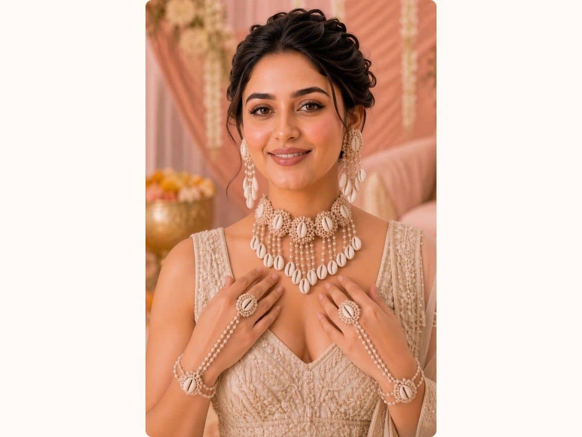 Cream pearl and cowrie shell choker, drop earrings and haathphool