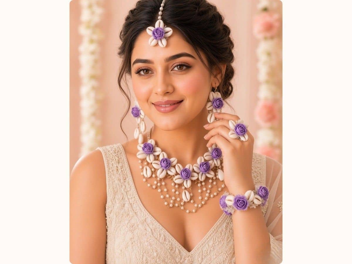 Purple flowers ringed with cowrie shells: necklace with pearl strands, earrings, maang tikka, ring and bracelet