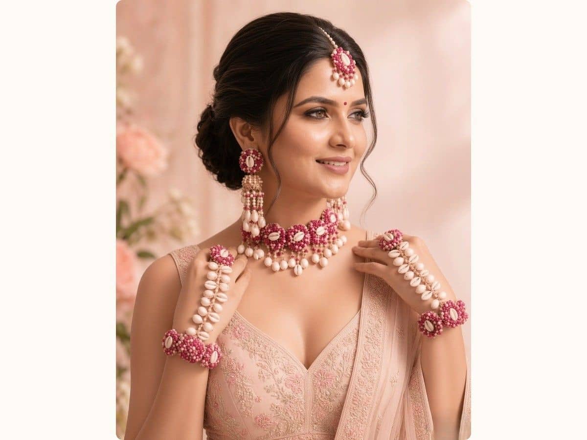 Pink beaded flowers with cowrie shells and pearls: choker, drop earrings, maang tikka and haathphool