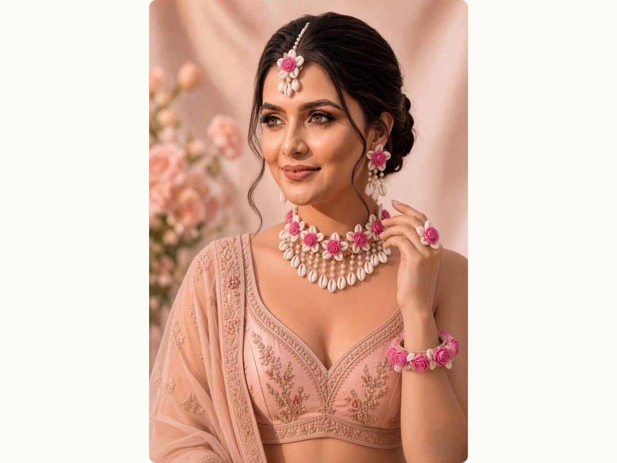 Pink rose-shaped flowers among white cowrie shells as a choker, drop earrings, maang tikka, ring and bangle, worn with a blush lehenga