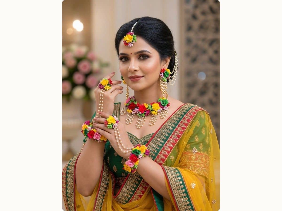 Yellow, red, pink and green roses packed close on a choker with layered pearl drops, with matching maang tikka, earrings and haathphool